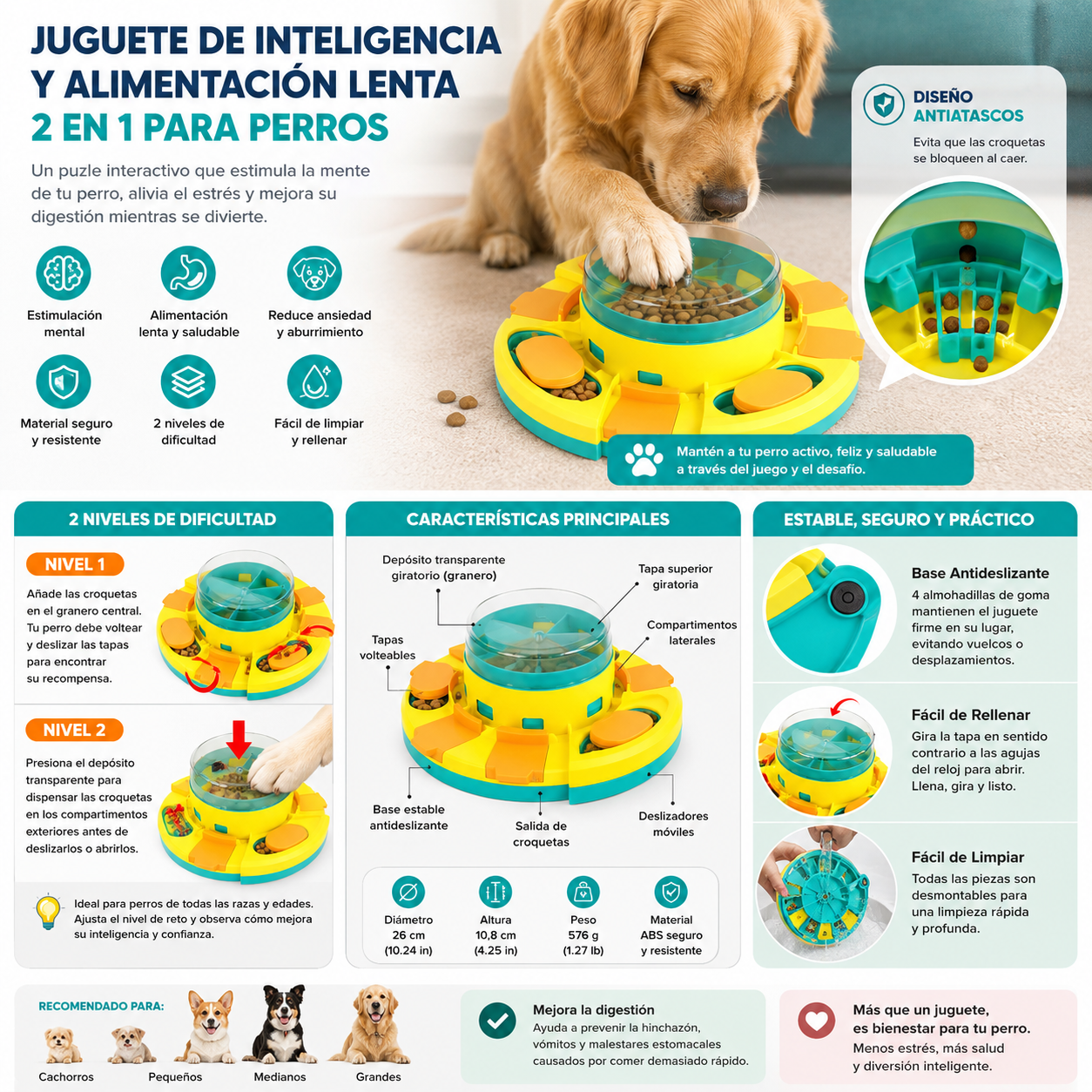 🎯 Juguete Puzle Interactivo 2 en 1 para Perros: Estimulación Mental y Comedero Antiansiedad Premium